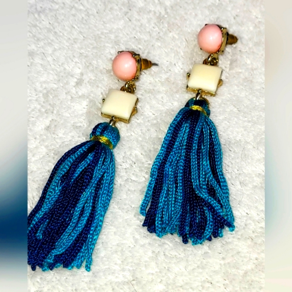 Vtg🌷💚Boho Teal Statement Fringe Tassel Earrings💚🌷